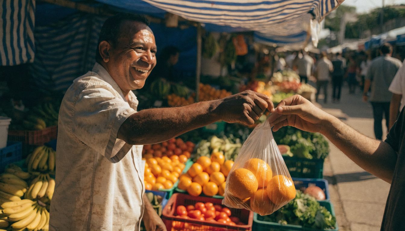 Feirante sorridente entrega uma sacola de frutas a um cliente em uma feira livre.